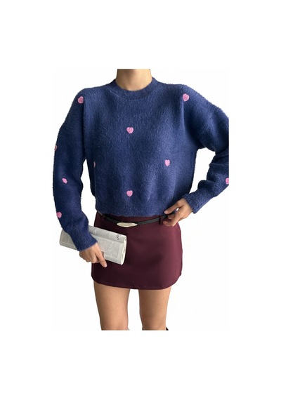 Ribana Classic Kadın Uzun Kollu Pembe Kalp Detaylı Standart Beden Triko Yumoş Kazak 4603 Lacivert