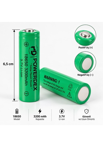 Powerdex 18650 3200 Mah 3.7v Li-ion Şarj Edilebilir Lityum Pil 6,5 Cm