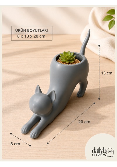 Dekoratif Esneyen Kedi Saksı-masa Dekoru-sukulent Saksısı-dekoratif Saksı Gri