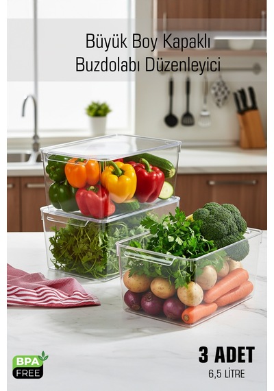 Frostybox Büyük Boy Kapaklı Buzdolabı Düzenleyici & Dolap İçi Organizer Set 3 Adet Diğer