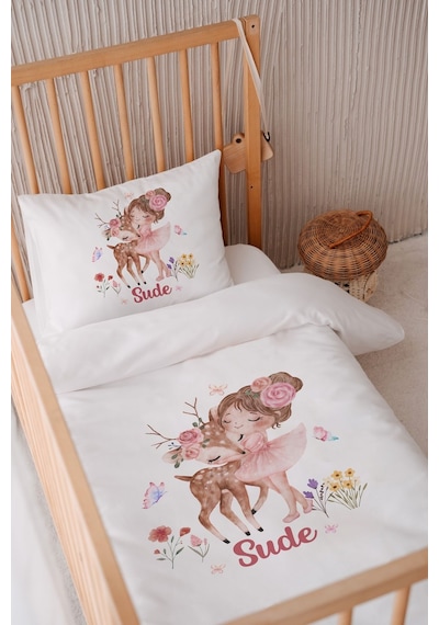 %100 Pamuk Saten Isme Özel Isimli 100x150 Bebek Yatak Nevresim Seti Ceylan Ve Küçük Prenses