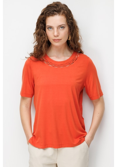 Kadın Sıfır Yaka Yakası Çift Şeritli Taşlı Penye T-shirt Oranj Turuncu