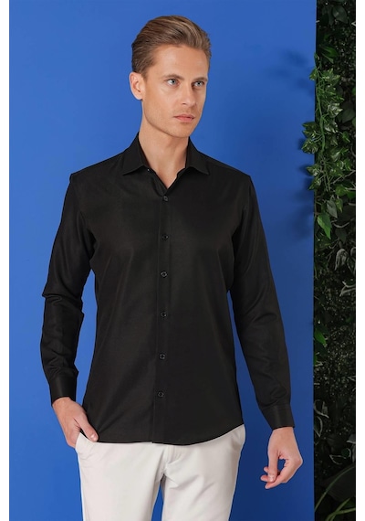 Efor Gk 719 Slim Fit Dokulu Pamuklu Klasik Siyah Gömlek Siyah