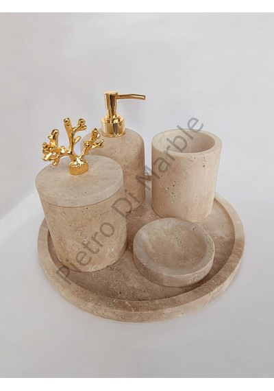 Sarı Traverten Klasik Model 5 Parça Gold Renk Mercan Aksesuarlı Banyo Seti Sarı Traverten