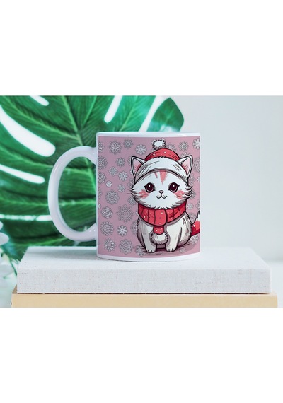 Sevimli Kedi Kupa Bardak Yılbaşı Temalı Pembe Mavi Kedili Tasarım - Yeni Yıl Hediye Fikir Beyaz