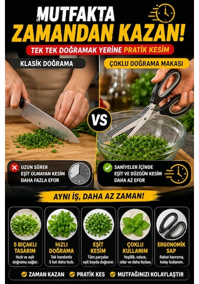 5 Bıçaklı Çoklu Doğrama Makası Sebze Yeşillik Maydanoz Taze Soğan Kesme Makası Temizleme Taraklı Set