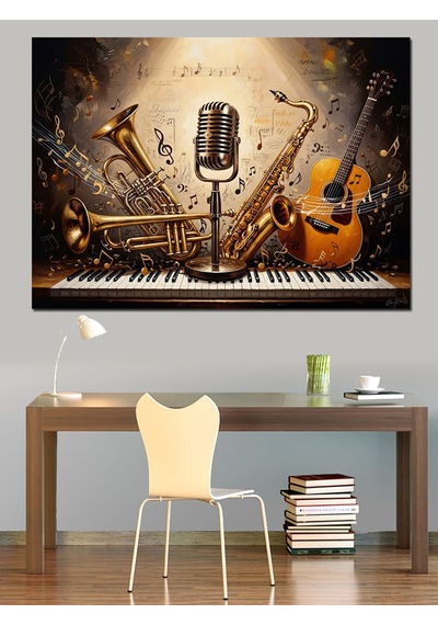 Müzik Enstrümanları Ve Klasik Mikrofon Dekoratif Kanvas - Mdf Ahşap Tablo