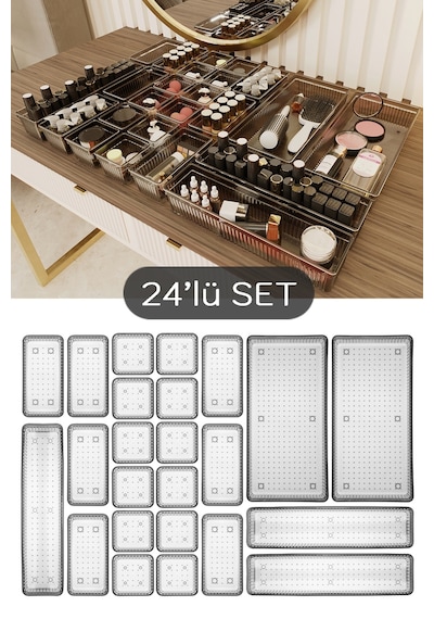 Meleni Home 24'lü Multi Set - Çekmece İçi Düzenleyici - Banyo Makyaj Ve Takı Organizer Siyah
