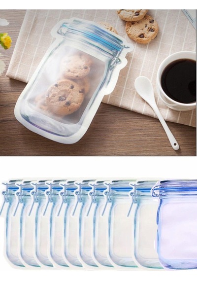 10 Adet Büyük Boy Kavanoz Görünümlü Kilitli Saklama Poşeti 600 ML