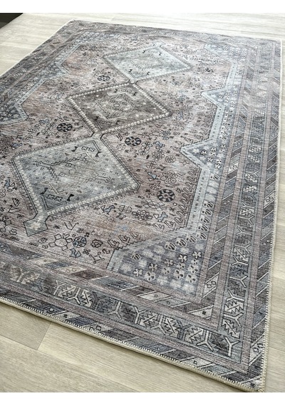 Eskitme Geometrik Madalyon Desenli Vizon Etnik Halı - Ar863bm