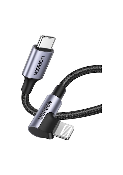 Ugreen Usb-c - Lightning 3a Qc Pd 90 Derece Örgülü Hızlı Şarj Kablosu, 2 M, Siyah, 60765