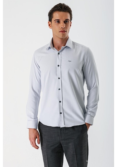 İmza Gri Uzun Kollu Desenli Armürlü Sert Yaka Cepsiz Pamuklu Slim Fit Dar Kesim Gömlek 1004235171-gri Gri