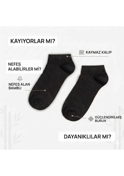 Elitse Erkek Bambu Patik Çorap 6'lı Paket, Siyah Beyaz Gri, Nefes Alan Nem Emici Yumuşak Günlük Spor Bilek Çorabı Siyah 6'lı
