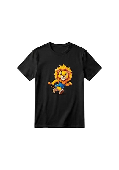Erdem Kıds Unisex Kız Erkek Çocuk Baskılı Bisiklet Yaka Kısa Kollu Pamuklu Günlük T-shirt Runnıng Lıon Siyah Runnıng Lıon Siyah