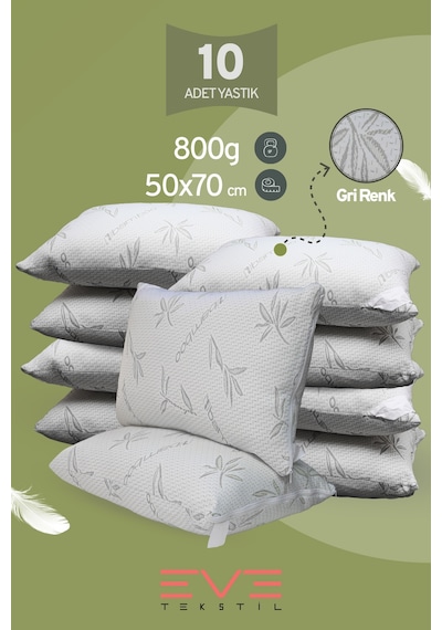 Eve Tekstil 10 Adet Bamboo Gri Serisi Kılıflı Fermuarlı Yıkanabilir Antialerjik Silikon Elyaf Yastık 50x70cm 800 Gr Gri