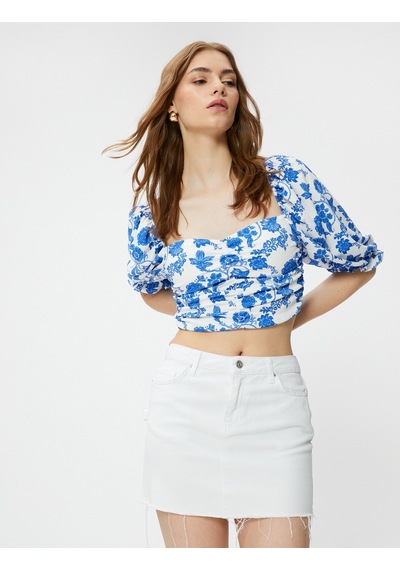 Koton Crop Bluz Kalp Yaka Gipeli Mavi Desenli 3sak80180ek