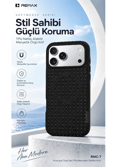 Remax Softweave Series İphone 17 Pro Max Uyumlu Mıknatıslı Örgü Desen Nefes Alan Tpu Kılıf Rmc-7 - Siyah