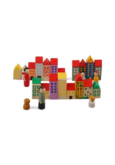 Ahşap Dekoratif Peg Ailesi Ve Kule Ev Şehir Boyama Seti 12 Farklı