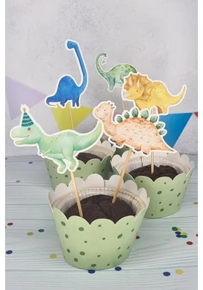 Lüks Büyük Boy Dinozor Konsept Kürdan Süsleri, 10'lu Paket, Cupcake Süsleme Açık Kahverengi