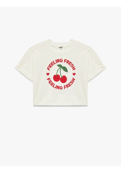 Koton Kiraz Nakış Detaylı Ekru Kız Çocuk T-shirt 6skg10029ak Ekru