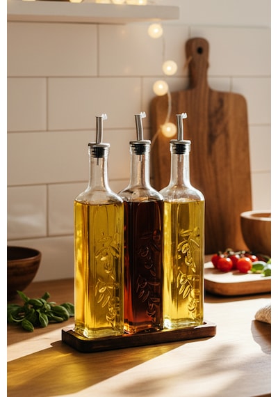 Snippy Safir - Ahşap Standlı 3'lü Cam Damlatmaz Yağlık Sirkelik Zeytinyağı Sıvıyağ Şişesi Yağlık 500ml Ahşap