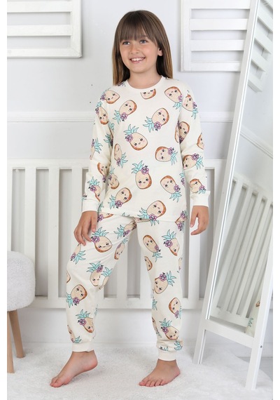 Cute Ananas Desenli Kız Çocuk Pijama Takımı Ekru