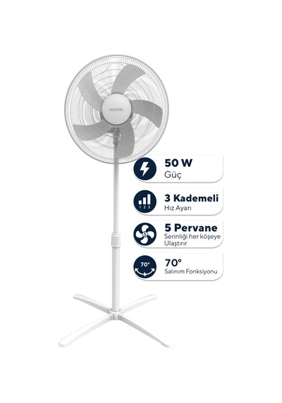 Kumtel Beyaz 16 İnç Ayaklı Vantilatör 50 W, 5 Pervaneli, 3 Kademeli, 121 Cm Yükseklik