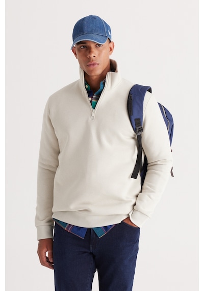 AC&Co / Altınyıldız Classics Standart Fit Normal Kesim İçi Polarlı Bato Yaka Pamuklu Erkek Sweatshirt Bej