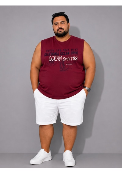 Büyük Beden Kolsuz Yuvarlak Yaka Baskılı Erkek Tishirt Atlet Bordo