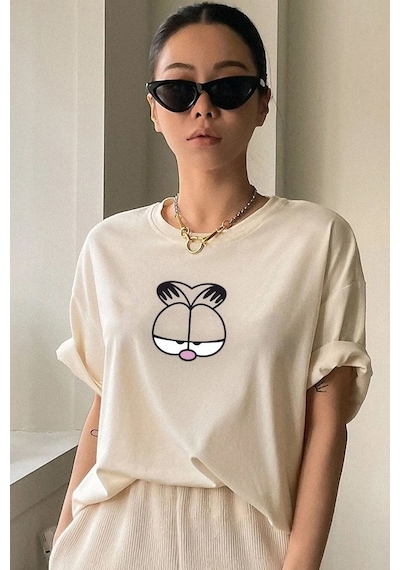 Unisex Garfield Baskılı T-shirt Bej