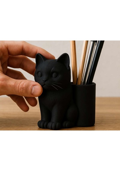3d Baskı Kedi Figürlü Kalemlik - Masaüstü Organizer - Siyah Diğer
