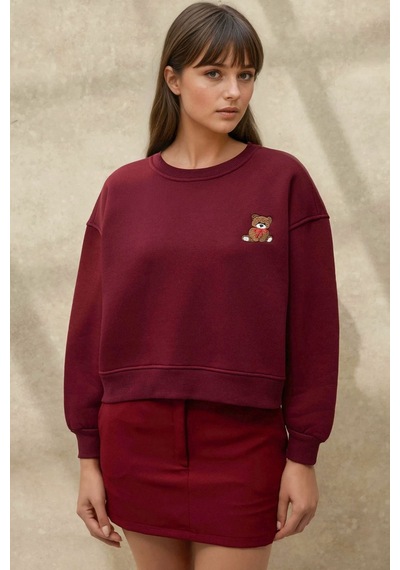 Hiccup İşlemeli Rahat Kesim Pamuklu Sweatshirt Bordo Kırmızı
