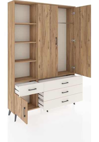 Arges Dolap 5 Raflı 4 Çekmeceli Tek Askılı 132x30x195 Çam-çam... Çam