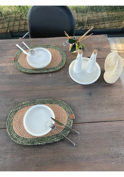 Bohem Tarz 2 Li Doğal İp Amerikan Servis Hasır Görünümlü, Leke Tutmaz, Naturel-yeşil 40x28 Cm Naturel/ Yeşil