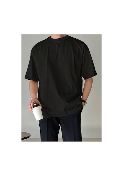 Tarz Cool Erkek Bisiklet Yaka %100 Pamuk T-shirt Siyah