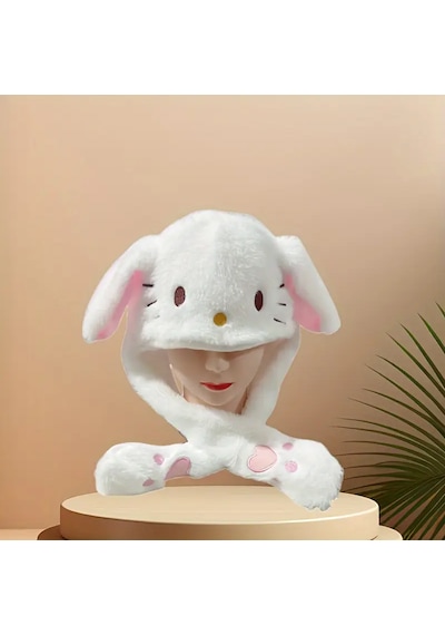 Mj Toys Sanrio Kuromi Hello Kitty Şapka Kulakları Hareket Eden Şapka Işıklı Modlu Peluş Bere Şapka Beyaz