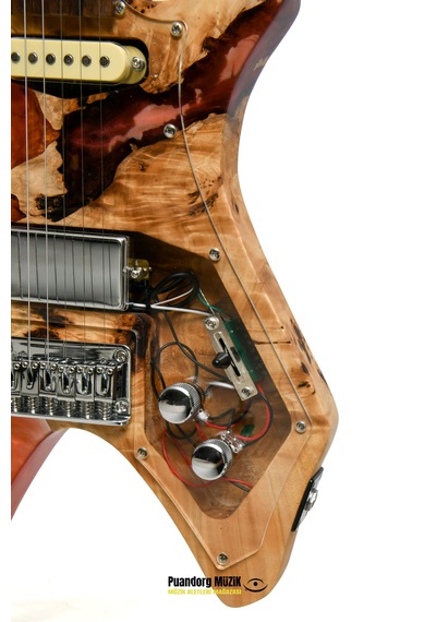 Elektro Gitar X Kasa Alev Custom Epoksi & Yıllanmış Ağaç Kişiye Özel Kırmızı Şeffaf