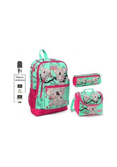 Coral High Yeşil Koala Baskılı Kız Çocuk İlkokul Çanta Seti - Usb