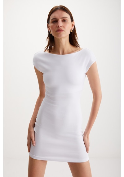Ethıquet Arcene Kadın Organik Pamuklu Likrali Vücüdu Saran Bodycon Tek Parça Beyaz Elbise