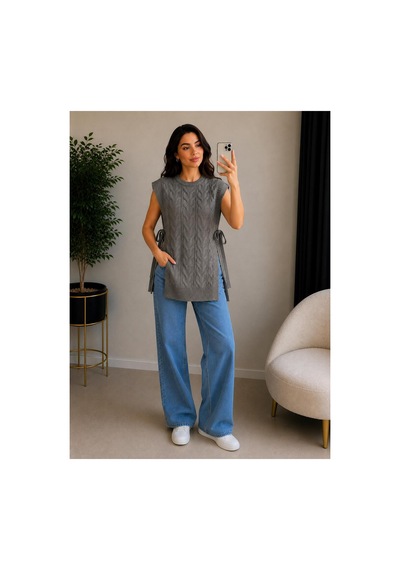 Hira Life Fashion Kadın Bisiklet Yaka Yanları Açık Bağcıklı Oversize Triko Süveter Gri Gri