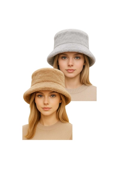 Uniquetrenders Kadın Ayarlanabilir Peluş Bucket Kova Şapka 2'li Set Gri - Camel