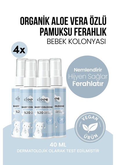 Hassas Ciltlere Özel Organik Aloe Vera Özlü Taze Pamuk Kokulu Soft Cotton Feel Bebek Kolonyası Çanta Boyu Dörtlü Ekonomik Paket