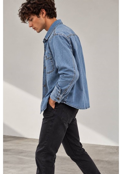 Little Cup Jeans Co Açık Mavi Premium Tok Kumaş Çift Cep 90lar Erkek Denim Kot Gömlek