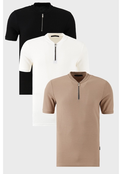 Buratti Pamuklu Regular Fit Yarım Fermuarlı Kolej Yaka 3'Lü Paket Erkek T Shirt 5902653S3 Siyah-Beyaz-Vizon