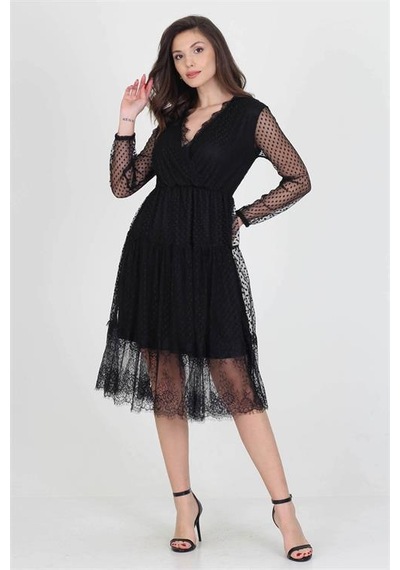Neşeli Butik Neseli Butik Kruvaze Yaka Eteği Güpür Detaylı Yeni Sezon Elbise Nb0010 Siyah