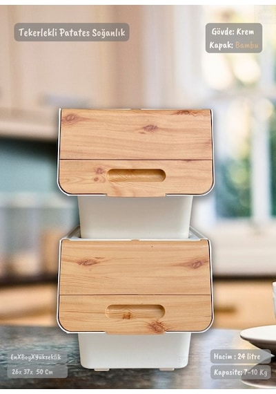2'li Bambu Patates Soğan Sepeti Tekerlekli Kapaklı Havalandırmalı 24 Litre Sebzelik Organizer