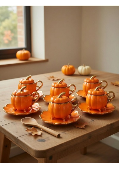 6 Lı Pumpkin Balkabağı Desenli Fincan Takımı - Kapaklı Ve Ayaklı Model Turuncu