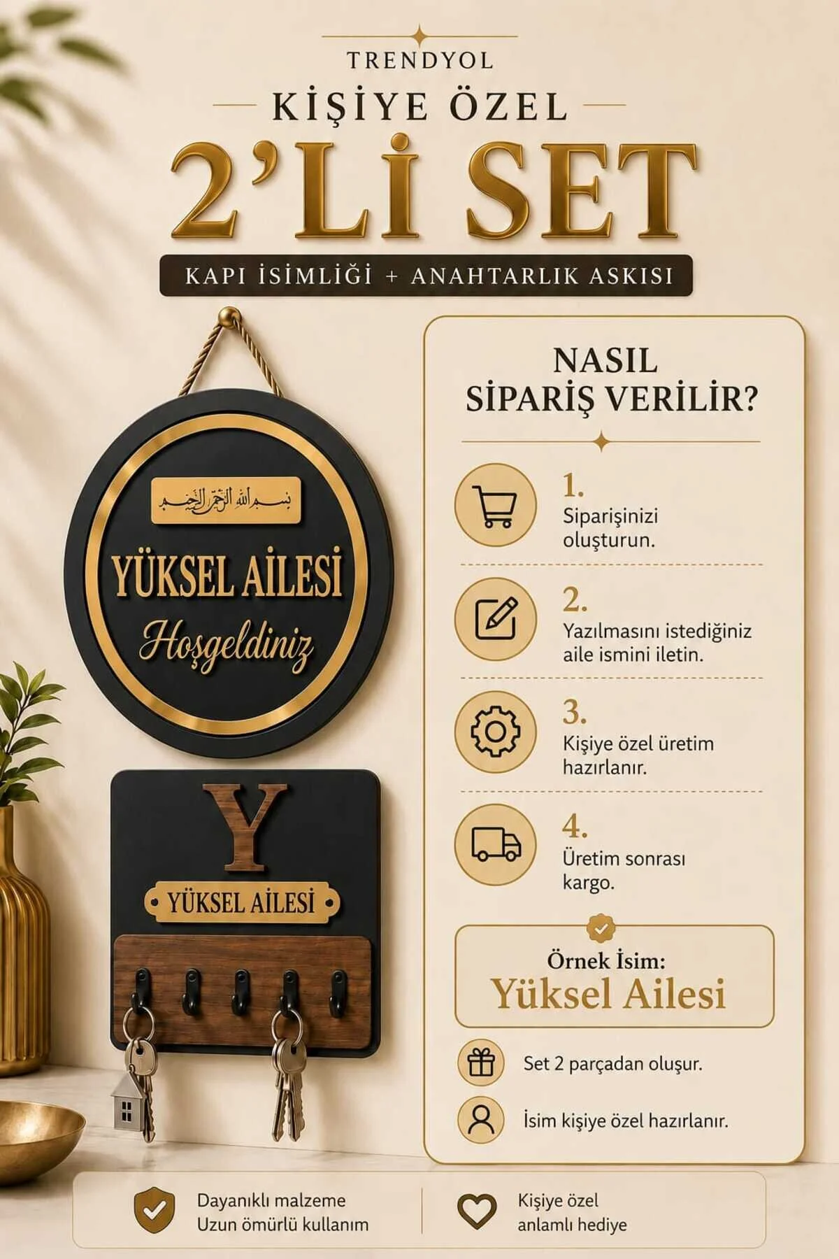 Kişiye Özel 2'li Set Besmele Kapı Süsü Ve Anahtarlık Askılığı Ahşap Pleksi Dış Kapı İsimliği Dekoratif Tabela 0