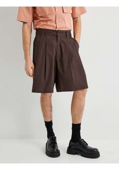 Koton Kumaş Şort Oversize Pileli Chino Düğmeli Cep Detaylı Kahverengi 4sam40179hw Kahverengi