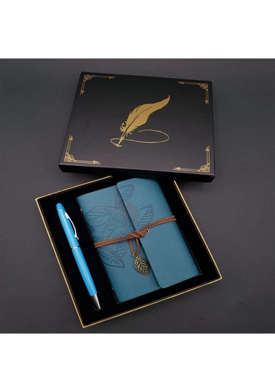 Şık Metal Kalem Ve Mavi Deri Defter Seti 14x10 Cm Çok Renkli